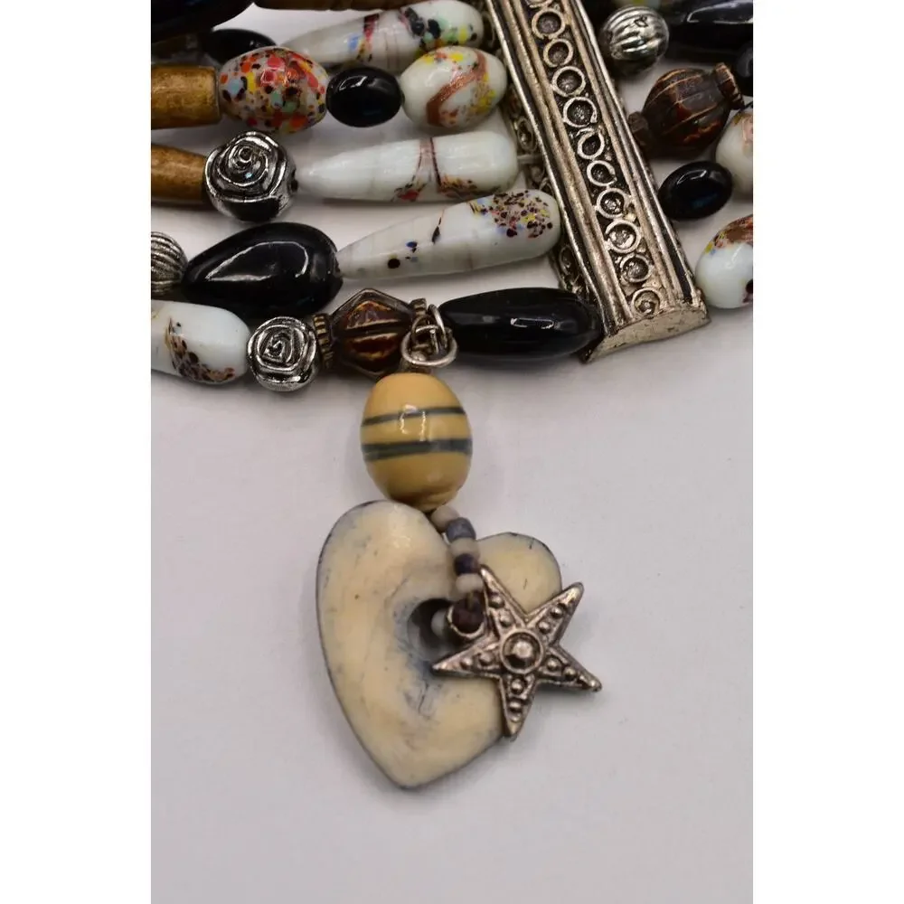 Vintage Multi-Strand Black White Glass Beaded Charm Belt 37” Boho Artisan Coast
